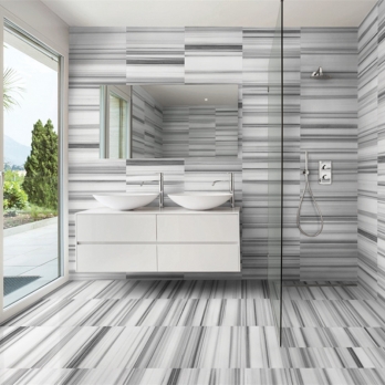Bathroom Ruled white marble tiles